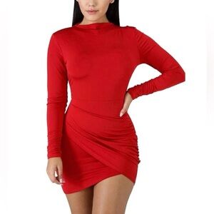 Women’s Elegant Red Long Sleeve Ruched Bodycon Dress, Size XL